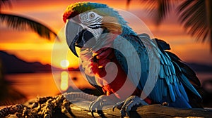 The parrot in the shadow of high palm trees, against the background of solar sunset, creates a mag