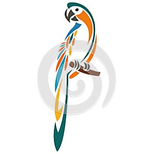 A parrot sits on a branch a bright silhouette drawn by various lines in the style of minimalism. Tattoo bird, logo