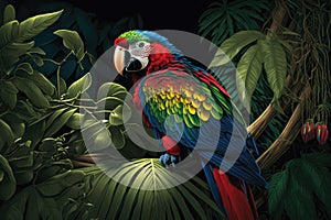 parrot sitting on tree branch, surrounded by lush jungle foliage