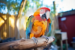 a parrot sitting on a wooden bird perch