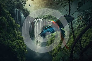 parrot taking flight over lush jungle, with misty waterfall in the background