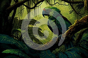 Parrotin in forest in comic art