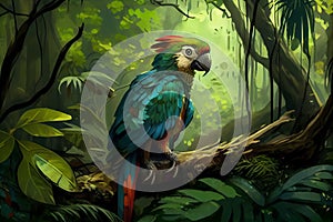 Parrotin in forest in comic art