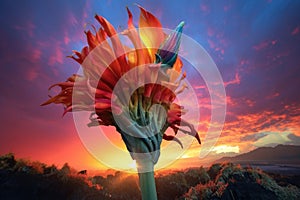 parrots beak flower with a vivid sunset behind it