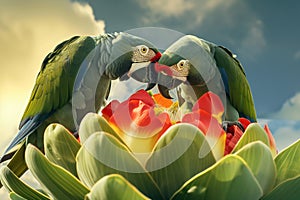 parrots in a facetoface gaze atop a flower