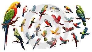 Parrots jungle tropical birds, cartoon style colorful vector set. Flying animal from different angles with beak, wings