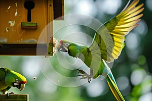 parrots in a playful chase around a birdhouse