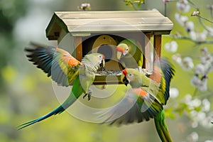 parrots in a playful chase around a birdhouse