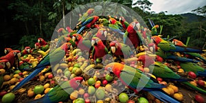 Parrots squabble cheerfully over a pile of fruit, their bright colors a vibrant spectacle against the lush green of the