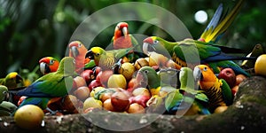 Parrots squabble cheerfully over a pile of fruit, their bright colors a vibrant spectacle against the lush green of the