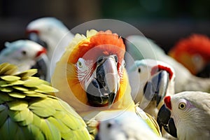 parrots squawking in a crowd versus a lone parrot preening