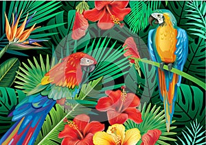 Parrots with tropical plants