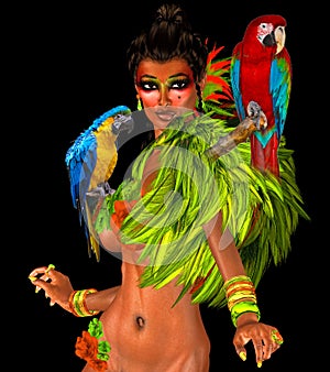 Parrots on womans shoulders with feathers.