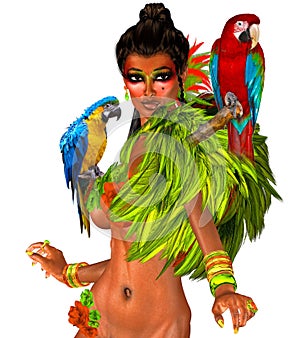 Parrots on womans shoulders with feathers.