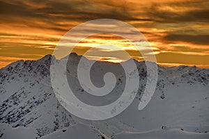 Parsenn mountain swiss alps panorama in winter sunset photo