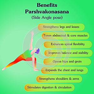 Parshvakonasana yoga pose. Benefits. photo