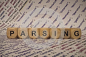 Parsing - cube with letters and words from the computer, software, internet categories, wooden cubes