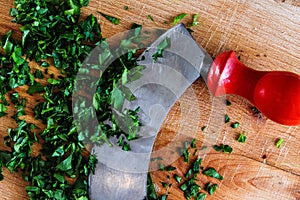 Parsley on the cutting board. Garden vegetables.