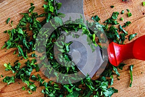 Parsley on the cutting board. Garden vegetables.