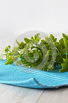 Parsley freshly picked and organic on a blue tea towel