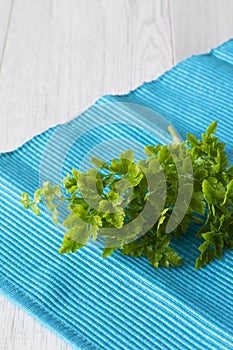 Parsley freshly picked and organic on a blue tea towel