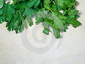 Parsley greens on the table. Cutting board. Cooking. Vegan food. Useful product. Ingredient for vegetable soup
