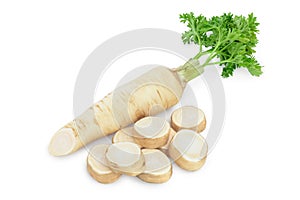 Parsley root with slices and leaves isolated on white background