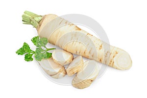 Parsley root with slices and leaves isolated on white background
