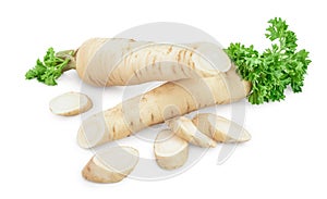 Parsley root with slices and leaves isolated on white background