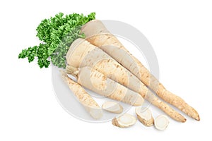 Parsley root with slices and leaves isolated on white background