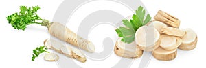 Parsley root with slices and leaves isolated on white background