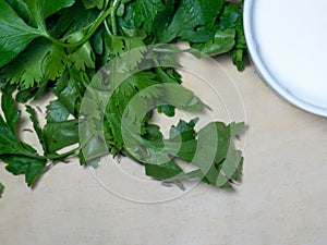 Parsley and sour cream on the table. Cutting board. Cooking. Vegan food. Useful product. Ingredient for vegetable soup.