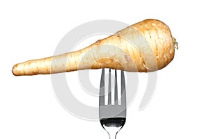 Parsnip on a fork isolated on white