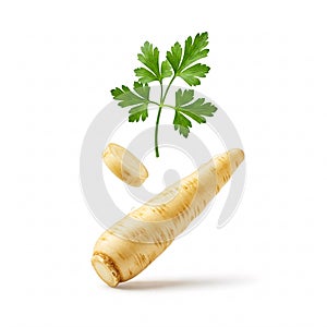 Parsnip with leaves and slices isolated on white background. Parsnip root and parsley in motion close-up