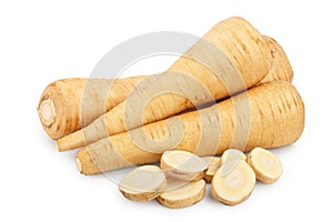 Parsnip root and slices isolated on white background closeup