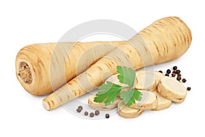 Parsnip root and slices with parsley isolated on white background with clipping path