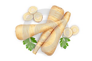 Parsnip root and slices with parsley isolated on white background with clipping path. Top view. Flat lay