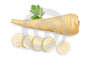 Parsnip root and slices with parsley isolated on white background with clipping path. Top view. Flat lay