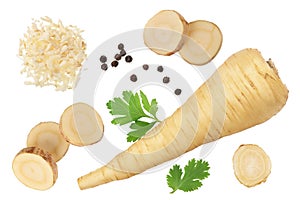 Parsnip root and slices with parsley isolated on white background with clipping path. Top view. Flat lay