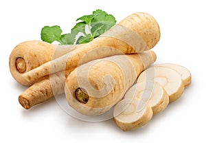 Parsnip roots and parsnip slices isolated on white background. File contains clipping paths