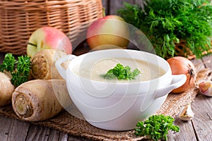 Parsnip soup with parsley and vegetables photo