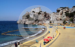 Parson\'s Lodge Battery, cliffside fort overlooking the beach at Camp Bay on the western coast of the Gibraltar Territory