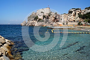 Parson\'s Lodge Battery, cliffside fort overlooking the beach at Camp Bay on the western coast of the Gibraltar Territory