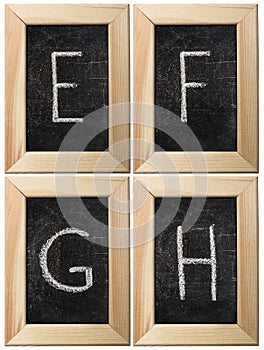 Part of the alphabet drawing with chalk on the old scratched chalkboard background with wooden frame. Letters: E, F, G