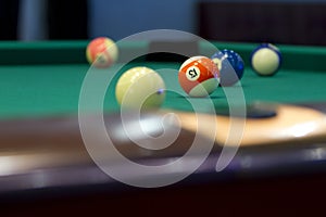 Part of the American pool table with balls.