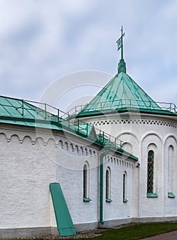 Architectural detail of the Ratnaya Chamber complex with a turret, a three-headed eagle on a spire in Tsarskoe Selo in