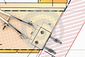 Part of architectural project with drawing compass and pencil