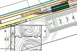 Part of architectural project with ruler and pencil