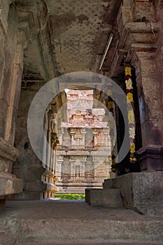 Part of the Brihadisvara Temple seen from the northern entrance to the mukhamandapa of Amman temple of goddess Brihannayaki, Ganga