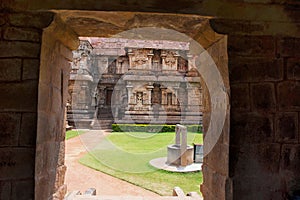 Part of the Brihadisvara Temple seen from the northern entrance to the mukhamandapa of Amman temple of goddess Brihannayaki, Ganga